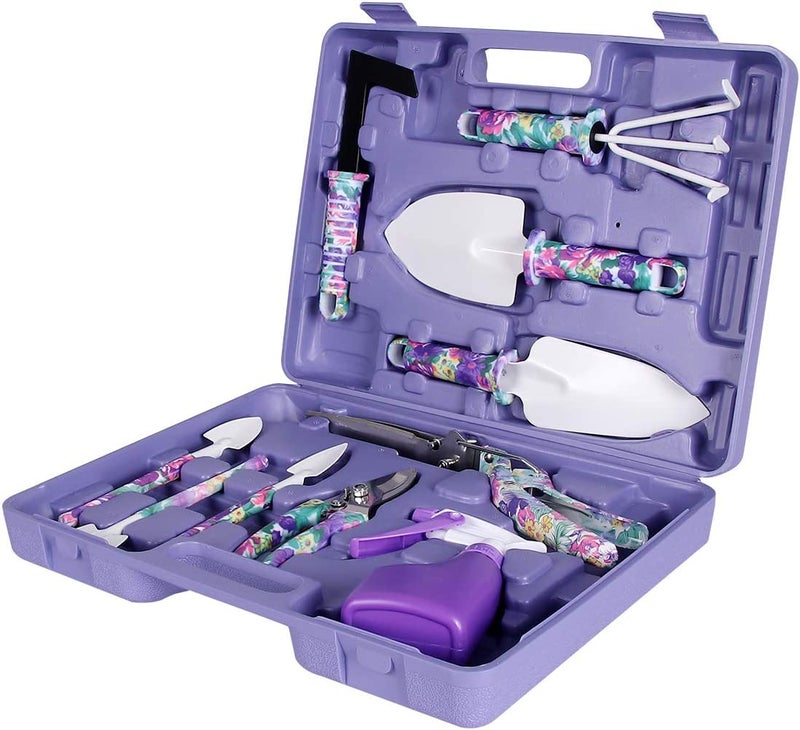LEKEONE Gardening Tools, LEKEONE 10 Pieces Garden Tools with Floral Print, Ergonomic Handle Trowel Rake Weeder Pruner Shears Sprayer,Gardening Supplies with Carrying Case Gifts for Women - Image 1